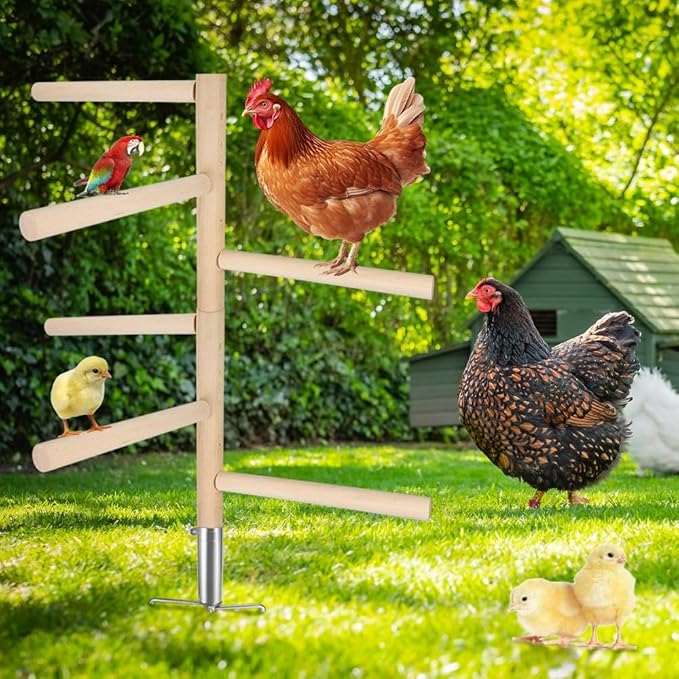 Extra Large Chicken Perch Toy for Coop, 39.4" Roosting Bar for Chicken Coop Toys, Chicken 6 Branches Perch Stand Wooden with Metal Tripod Ground Plug for Poultry Rooste