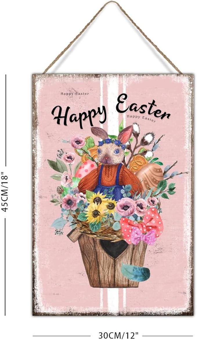 Wood Wall Decor Sign Happy Easter Flower Basket Bunny Sign French Style Floral Pink Stripes Wood Art Plaques Bunny Rabbit Happy Easter Wood Wall Art Sign for Bedroom 12x18in