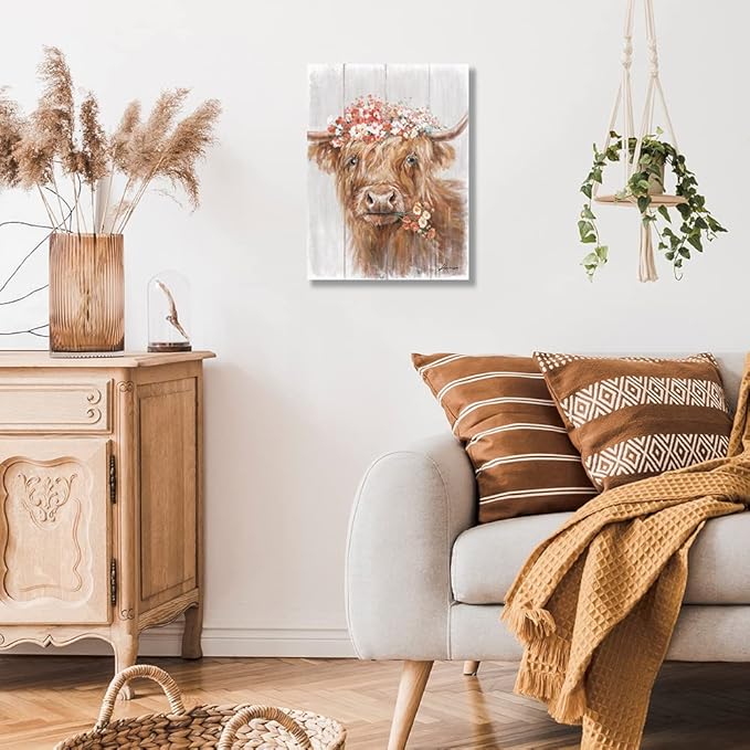 Highland Cow Canvas Farmhouse Decor: Funny Cow Wall Art with Flowers Staring at You Rustic Farm Wood Planks Unique Cattle Posters for Bathroom Framed Size 12"x15"