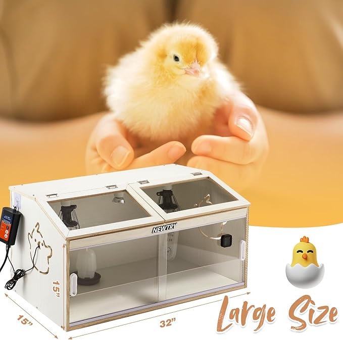 NEWTRY Chicken Brooder Box 32” Intelligent Sliding-Door Chick Brooder with 3 Heating Lamp, 1 Temp Controller, 2 Types of Thermometer Brooder Box up to 35 chicks Quail Birds