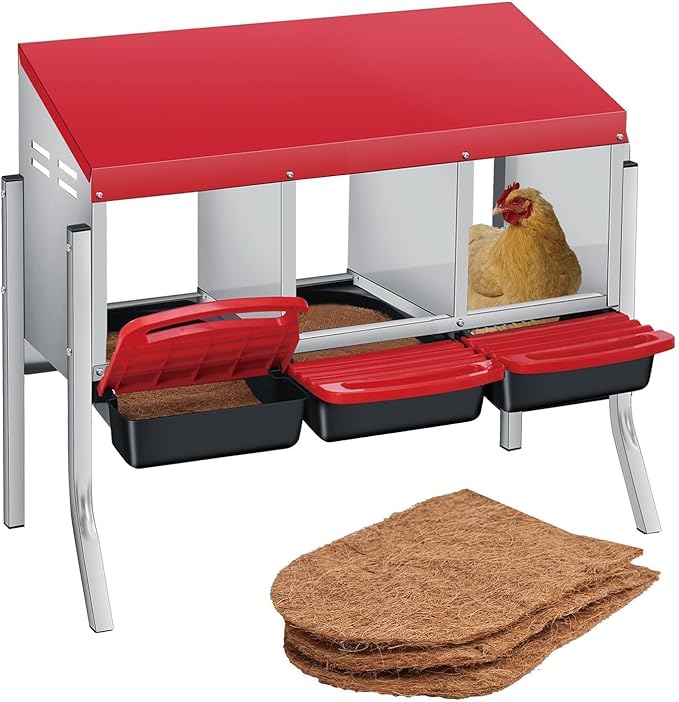 Chicken Nesting Boxes, Metal Rollaway Chicken Nest Box with Rollout Egg Collection, Removable Tray & Nesting Pads, Egg Laying Box for Chicken Coop Hens, Wall Mount or Standing, 3 Compartments, Red