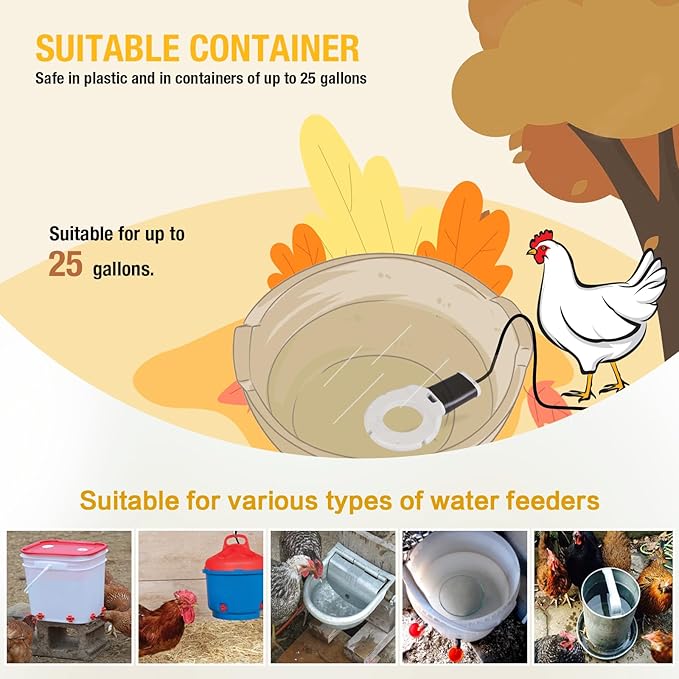 250W Chicken Water Heater, Submersible Bucket Heater Deicer for 5 Gallon, Heated Chicken Waterer for Winter, Freeze-Proof Poultry Waterer, Stock Tank & Water Trough Warmer for Livestock
