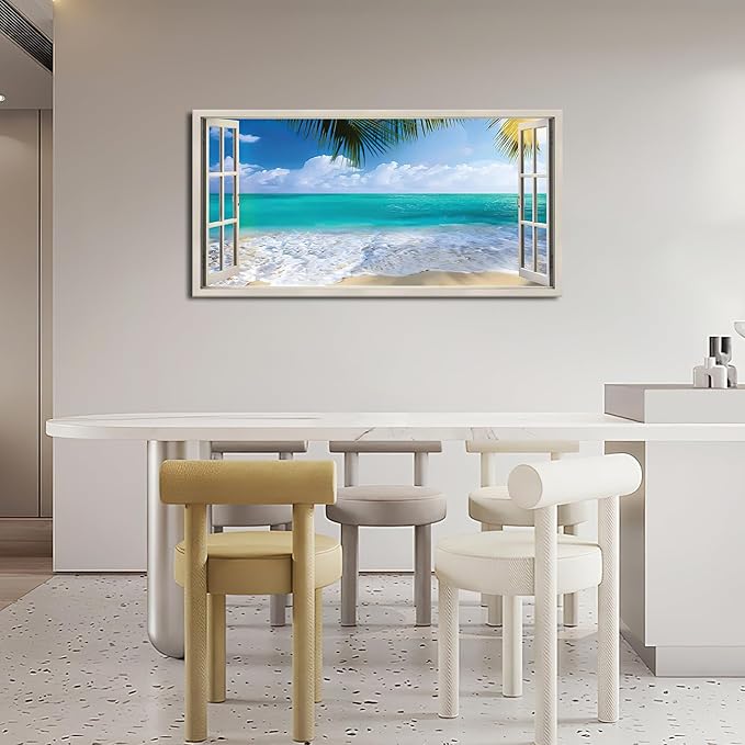 Beach Window Wall Art Ocean Palm Pictures Wall Decor Coastal Large Canvas Prints Paintings Home Office Decorations Framed Artwork for Living Room 60"x30"