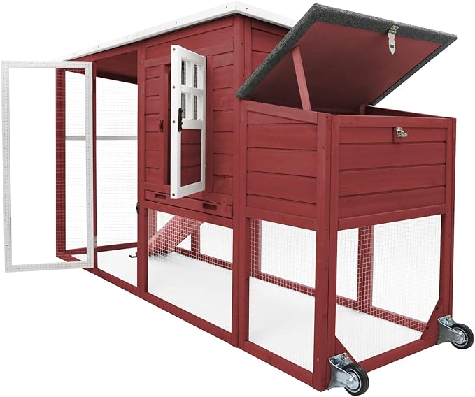 PetsCosset 75" Chicken Coop Backyard with Wheels Nesting Box Waterproof Removable Tray and Ramp Large Hen House for 1-4 Chickens