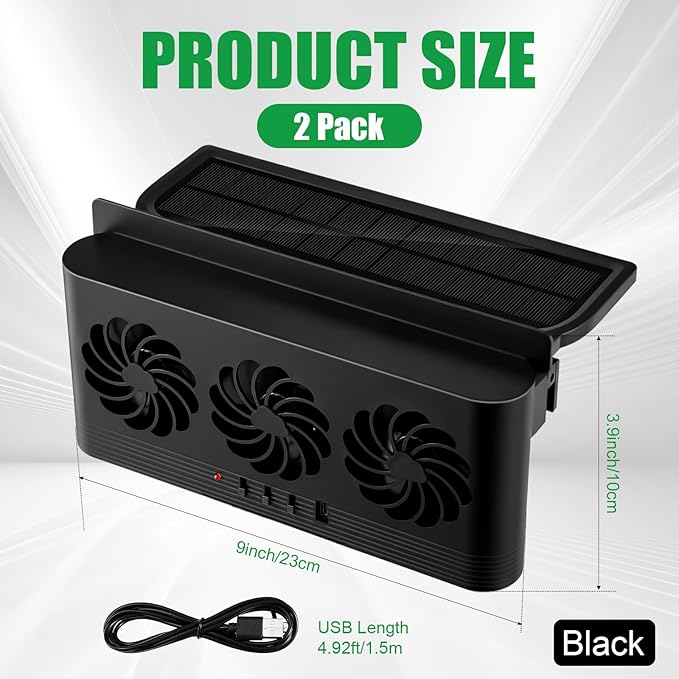 2 Pack Solar Powered Car Exhaust Fan 3 Fans Car Window Air Vent Radiator Solar Energy Cooling Vent Exhaust for General Types(Solar & Battery & USB 3 Fans,Black)