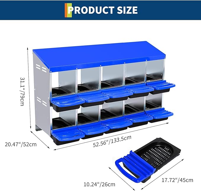 Two-Tier Chicken Nesting Box, 10 Hole Metal Chicken Egg Laying Box with Roll Away, Egg Collection Nesting Boxes for Chicken Coop