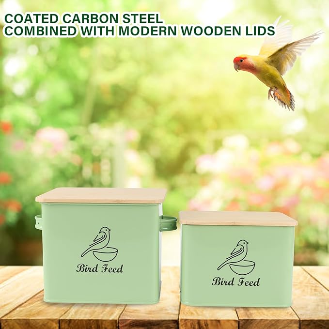 Airtight Bird Seed Storage Container Set of 2, 10LB Metal Bird Food Container with Bamboo Lids,Wild Bird Seed Tin for Storing Sunflower Seed-Squirrel proof -Green