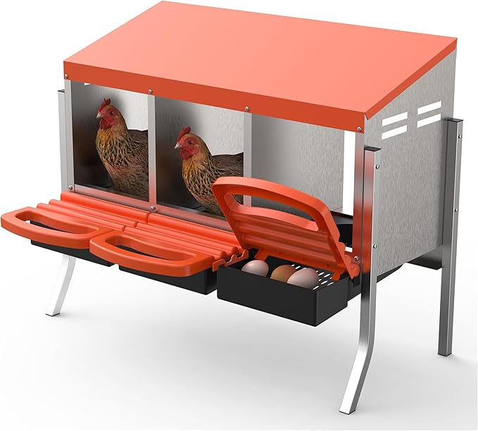 Metal Chicken Nesting Box with Easy-Collect Tray & Lid – 3/4/2x2 Compartment Heavy Duty Roll Away Nesting Boxes for Chickens, Wall Mount or Freestanding, Galvanized Steel Hen Laying Box for Coop