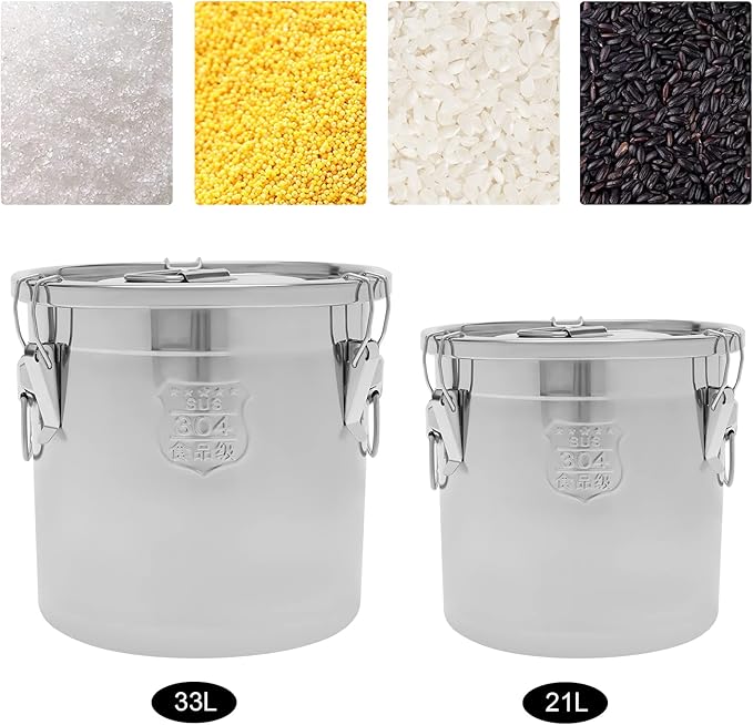 Stainless Steel Airtight Canister for Kitchen, Rice Cereal Grain Canisters Container for Household Kitchen Food Bean Flour Oil Sugar Milk Cookie Storager Bucket w/Handles+Lid (21L/33L) (33L)