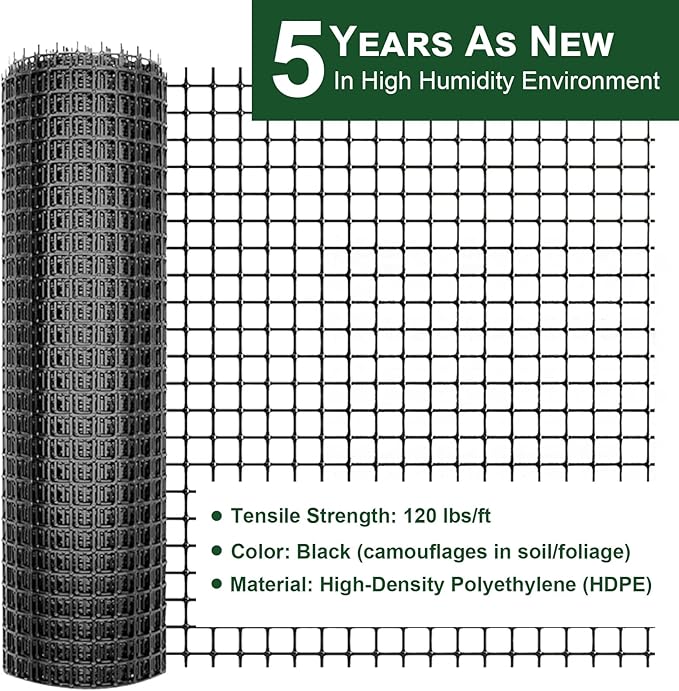 Heavy Duty Plastic Fence Roll 20" x 50' - 0.8x0.8 Inch Chicken Wire Mesh, Reusable Fencing for Garden, Rabbit/Poultry Protection, Balcony & Plant Defense (Black)
