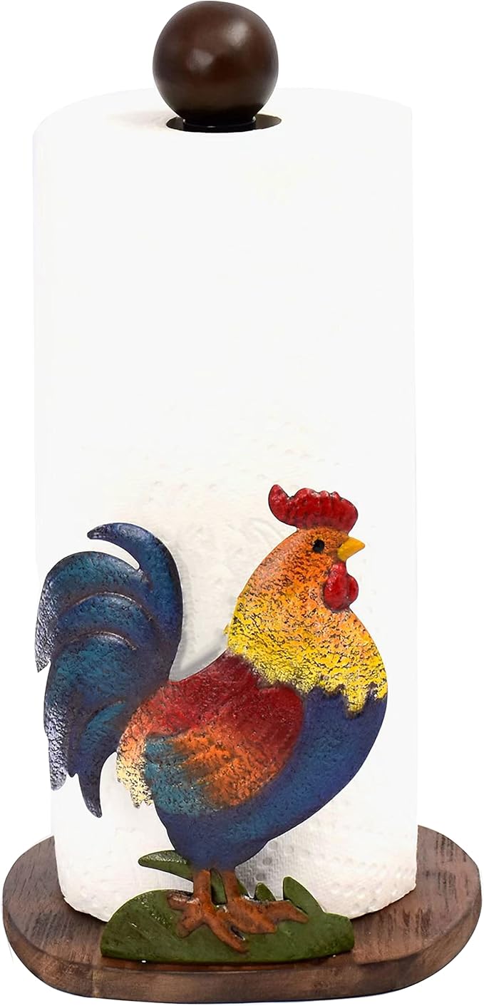Rooster Paper Towel Holder Rooster Kitchen Decor Chicken Decor for Kitchen Roosters Farmhouse Paper Towel Holder Countertop Rustic Wood Base Paper Towel Stand