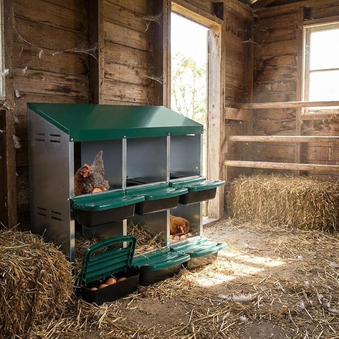 Chicken Nesting Boxes with Cleanable Pull-Out Trays - 6 Hole Metal Rollaway Nest Box for Laying Hens, Wall Mount or Placed Design for Easy Egg Collection & Cleaning