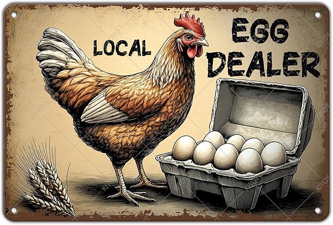 Local Egg Dealer Metal Tin Sign Funny Chicken Gifts for Home Farm Chicken Coop Farmhouse Vintage Farm Fresh Eggs Metal Wall Art Kicthen Garden Decor 16x12 Inch