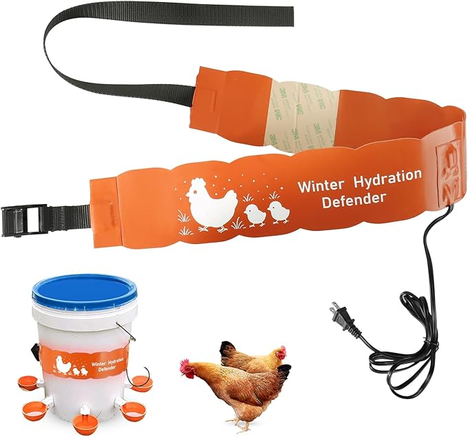 Thermostat Chicken Waterer Heater, Thermo Bucket Belt Heated Strap for 2-5Gal Bucket Chicken Waterers with 6ft Power Cord, 77℉ Automatic Shut-Off, Safe for Outdoor Use, Poultry Water Deicer