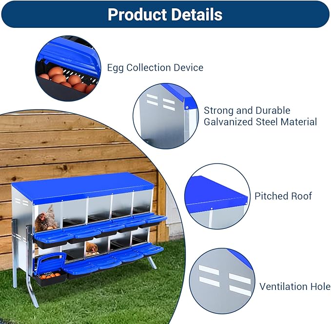 GarveeLife Chicken Nesting Box, 10 Compartments Nesting Boxes for Chickens, Chicken Laying Boxes with Legs, Roll Away Nesting Box for Chickens Laying Egg with Lid Cover to Protect Eggs, Blue