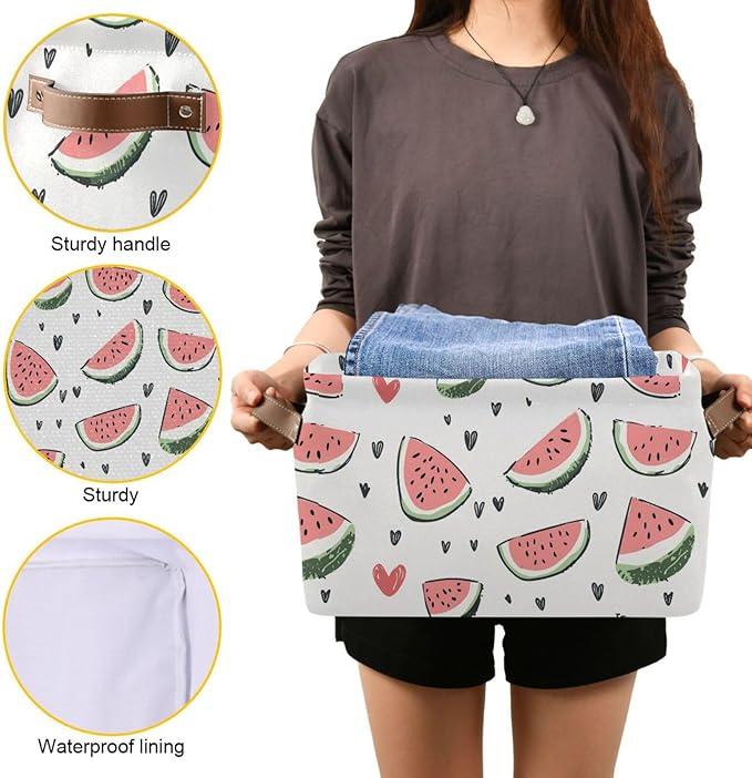 JIPONI Watercolor Watermelon Fabric Storage Bins for Shelves, Decorative Storage baskets for organizing, Closet Organizer with Handle for Cloth, Toys, Bedrooms
