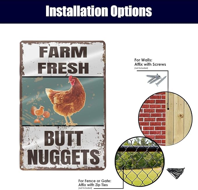 Vintage Metal Signs Chicken Coop Signs "Farm Fresh Butt Nuggets" Signs for Farm Yard Decor, Tin Sign for Home Kitchen Outdoor Decor, 8×12 inch