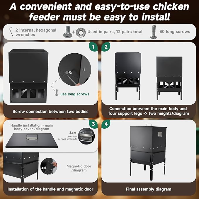 80-100LBS Large Chicken Feeder No Waste 16-Ports Automatic with Magnetic Baffle to Prevent Rodents and Mice Large Poultry Feeder Adjustable Height Suitable for All Poultry, Weatherproof