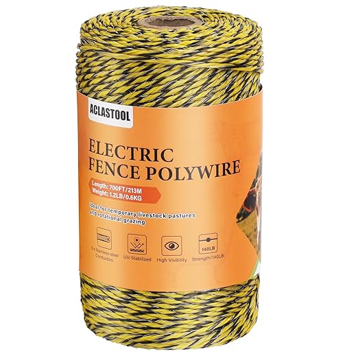 Electric Fence Wire, 700ft 213m, Polywire for Portable Livestock Fencing, 6 Stainless Steel Strands for Reliable Conductivity and Rust Resistance, UV Resistant