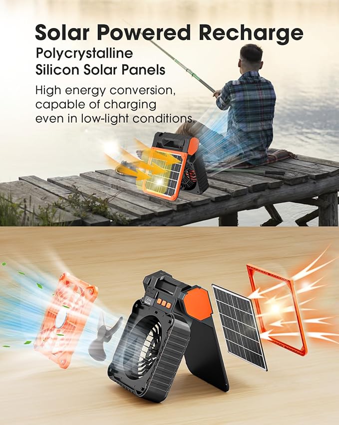 Solar Camping Fan 10400mAh, Solar Powered Fan with LED Lantern, 7W Rechargeable Battery Operated Fans for Outside, 4 Speeds, 2-8H Timer and Quiet Battery Powered Solar Tent Fans for Outdoor, Barbecue