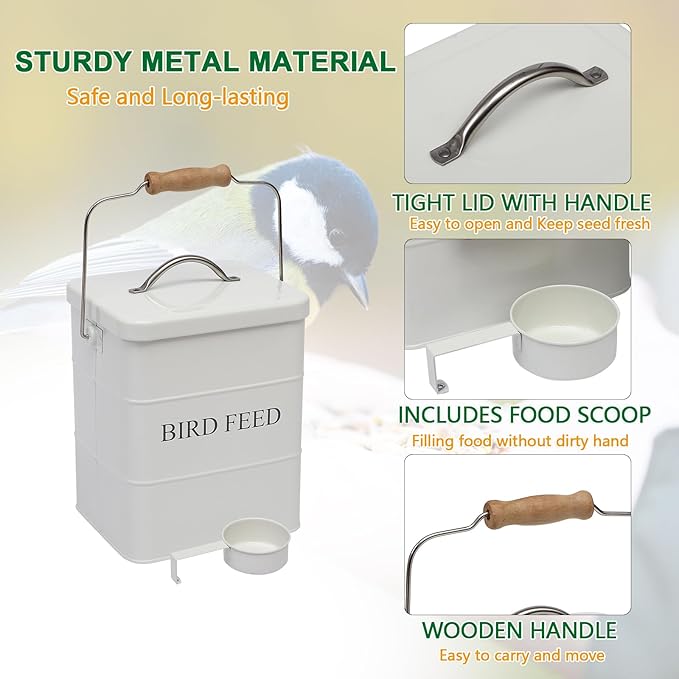 Bird Seed Storage Container Airtight,5~6LB Metal Bird Food Container with Scoop,Wild Birds Feed Tin for Storing Sunflower Seed-Ideal for Outdoor or Indoor-Squirrel proof -White