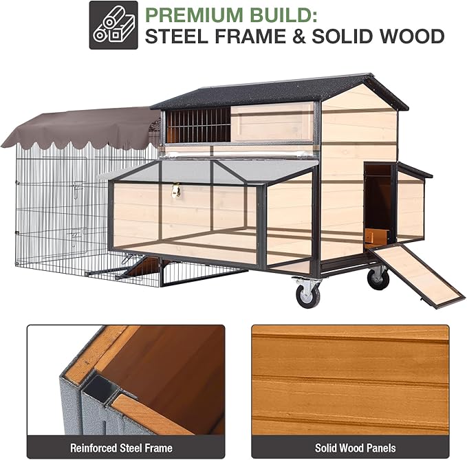 Heavy Duty Chicken Coop for 3-6 Chickens – Reinforced Metal Frame & Spacious Run with 6 Nesting Boxes, 7 Doors, Wheels – Outdoor Poultry House for Ducks, Rabbits (76.6”L x 53.8”W x 36.8”H)
