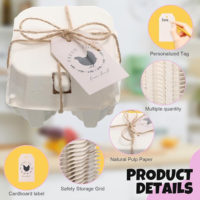36 Pcs 4 Count Easter Egg Carton Bulk Half Dozen Reusable Natural Pulp Paper Cardboard Egg Carton Colored Storage Easter Gift Box with Label Jute Rope for Kitchen Market Farm (White)