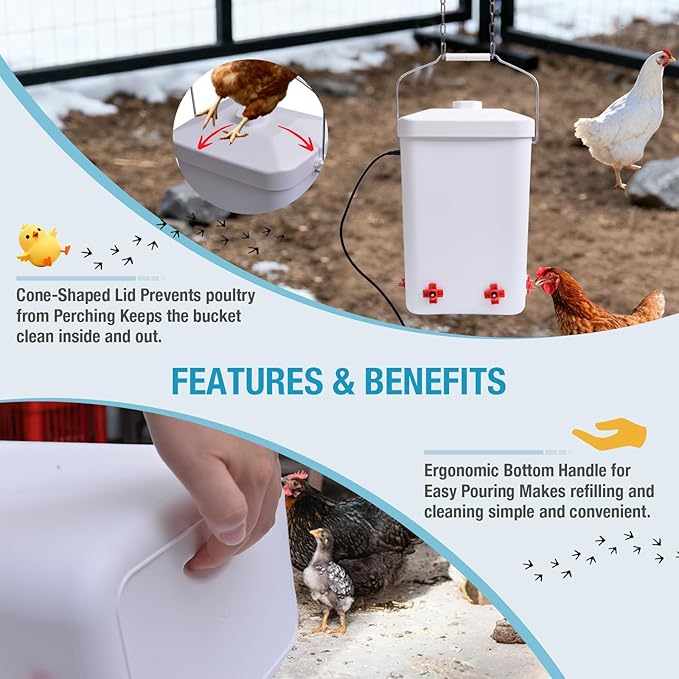 3 Gallon Chicken Waterer Bucket for Coop, All-Season Poultry Waterer with Thermostat Heater, Freeze Proof Design, 4 Installation Options, 9.8 ft Power Cord for Backyard Chickens & Small Farms