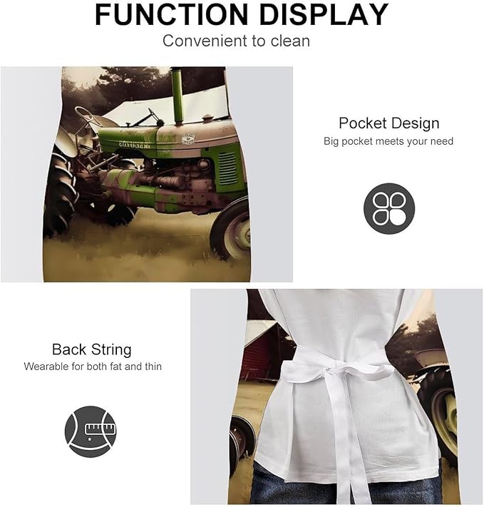 Old Tractor Photo Farm Chef Apron for Men Women with 2 Pockets Water & Oil Resistant Bib Aprons Adjustable Neck Strap & Long Ties Work Apron for Cooking Grilling Serving Crafts Gardening