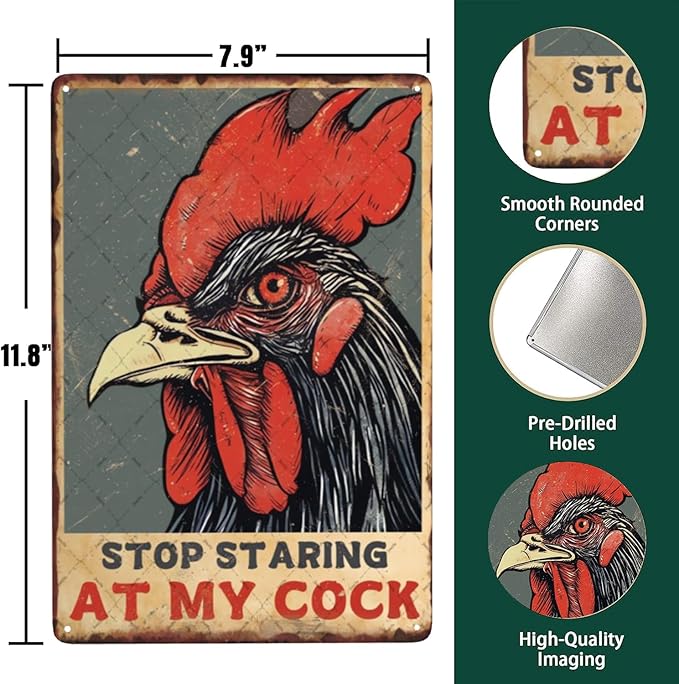 Chicken Metal Tin Sign Stop Staring At My Cock Sign Farmhouse Sign Funny Rooster Wall Decor Funny Chicken Signs For Farm Farmhouse Chicken Coop Rustic Kitchen Wall Decor Poster 8x12 Inch