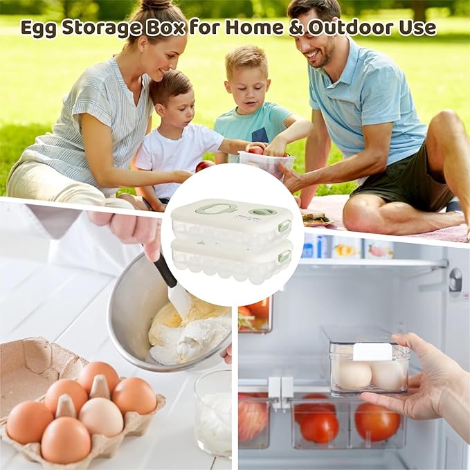 Homaisson 2 Pcs Egg Organizer for Refrigerator, Clear Stackable Egg Containers with Timer, Reusable Egg Carton with Handle, 12.8 x 9 x 3.2 in Large Capacity Egg Holder with Lids