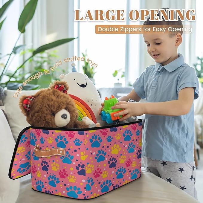 Storage Cubes with Lid Fabric Storage Bins Boxes PU Leather Handles, Dog Pet Paw Print Closet Organizer Container Foldable Washable Shelf Cloth Basket, Paw Print Colorful