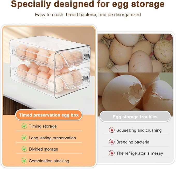 Egg Holder for Fridge 24, 2 Layers Stackable Clear Eggs Organizer, Egg Container for Refrigerator with Eggs 24 Count, Space-Saving Refrigerator Organizers and Storage in Home, Kitchen