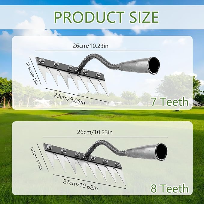 Garden Weeding Rake,Detachable 7/8 Teeth Heavy Duty Tool ,Multifunctional Manganese Steel,Weeder Puller Tool for Backyard,Yard,Farm,Garden,Lawn Loosening Planting（Without Stick） (8 Teeth)