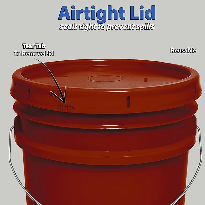 5-Gallon Bucket with Airtight Lid – Made in USA, Food Grade BPA Free Plastic, Heavy Duty Multi-Use, Metal Handle with Grip, Stackable Storage – Burgundy, 1 Pack