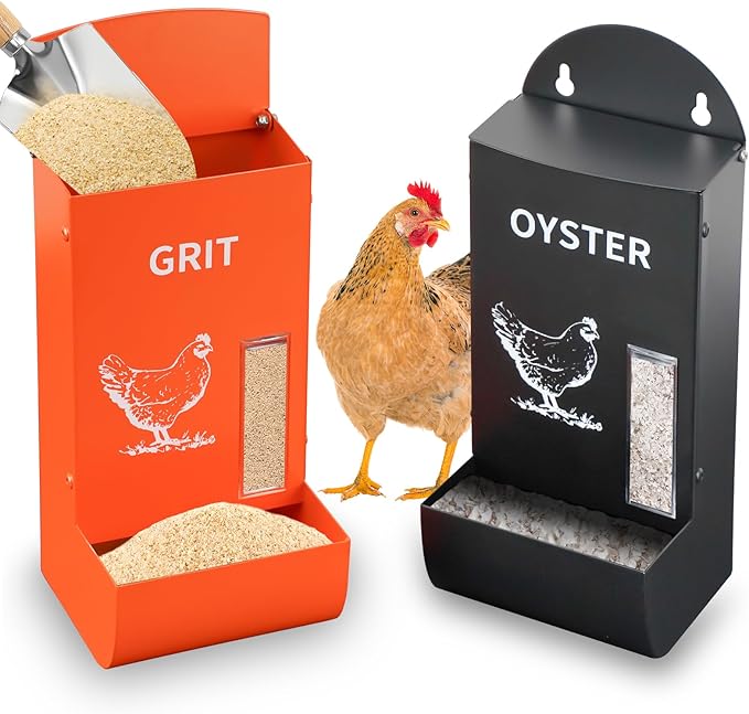 2Pack Automatic Chicken Grit & Oyster Shell Feeder with Rain Cover, Gravity-Fed Metal Poultry Feeder Trough for Coop, Outdoor Use