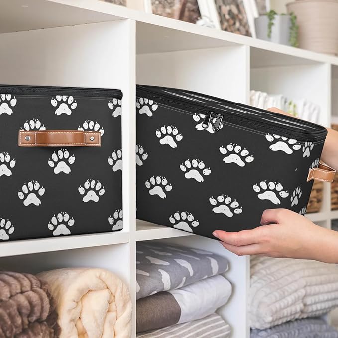 Storage Cubes with Lid Fabric Storage Bins Boxes PU Leather Handles, Paw Print Closet Organizer Container Foldable Washable Shelf Cloth Basket, Cute Dog Cat Paw