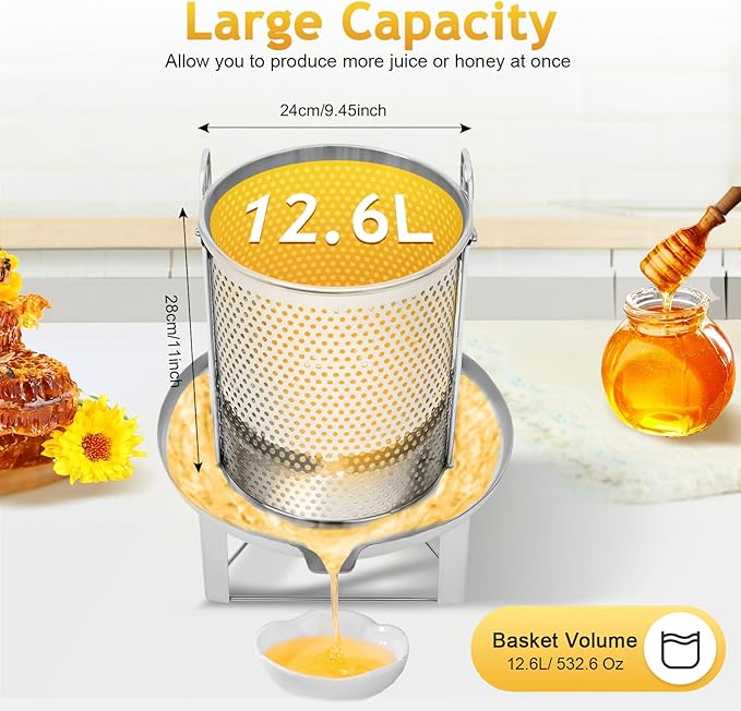 Manual Bee Honey Extractor, 530 Oz Stainless Steel Fruit Extractors Utility Press Extractors with Mesh & Splash-Proof Bucket Beekeeping Supplies Wine Making Equipment for Farms, Beehives