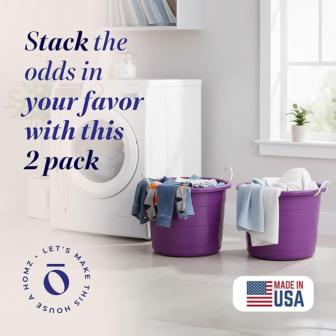 HOMZ 2-Pack Utility Tub, Large Plastic Storage Bucket with Rope Handles, 17 Gallon, Purple - Portable Indoor and Outdoor Buckets for Kitchen, Laundry, Garden, Bathroom, and Garage Organization