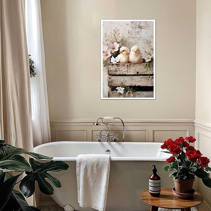 MNFGMH Farmhouse Easter Canvas Spring Chicks with Flowers Rustic Country Wall Art Spring Easter Wall Decoration Canvas Roll 16x24 inch