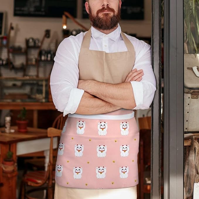 Unisex Chef Waiter Apron Waist Half Short Serving Aprons with 3 Pockets