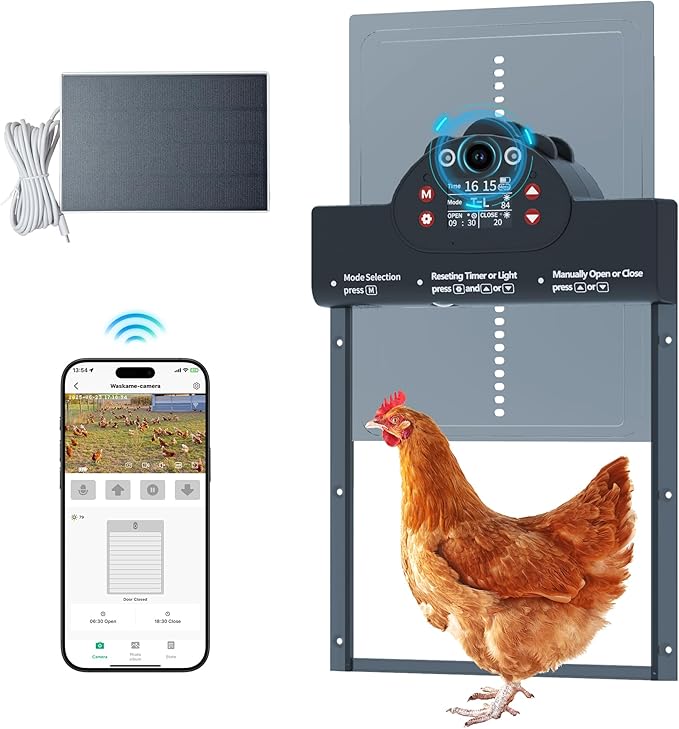 Automatic Chicken Coop Door Solar Powered with 2K Camera & Night Vision, IP65 Wireless Auto Door Opener, 6-Month Battery, APP Control, 2-Way Audio, Anti-Pinch Design (Blue Gray)