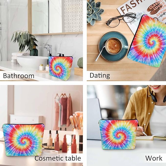 Tie Dye Makeup Bags Makeup Organizer, Spiral Tie Dye Rainbow Flax Toiletry Bags Travel Cosmetic Bag Makeup Purse Pouch Skincare Bag Wallet Bags For Women Female Mom Daughter