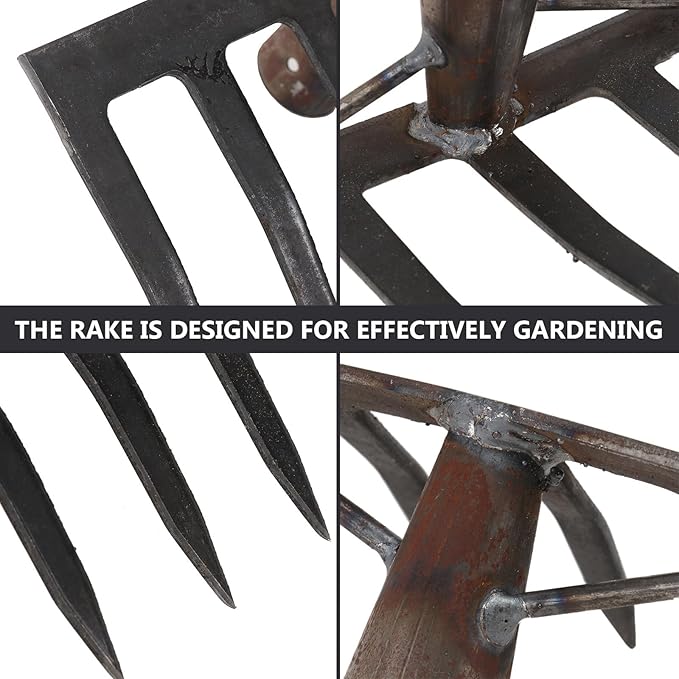 TEHAUX Dark Grey 9-Tine Agricultural Rake for Soil Loosening and Grass Gathering, Farm and Garden Hand Tool for Planting and Soil Preparation
