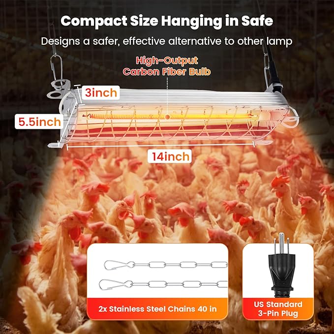 Large 400W Heat Lamp for 60 Chicks, Chicken Coop Heater with Carbon Fiber Bulb Chicks Brooder Plates, Adjust 2 Mode Temp&Hanging Height for Pet House Livestock Greenhouse 14x5.5x3IN
