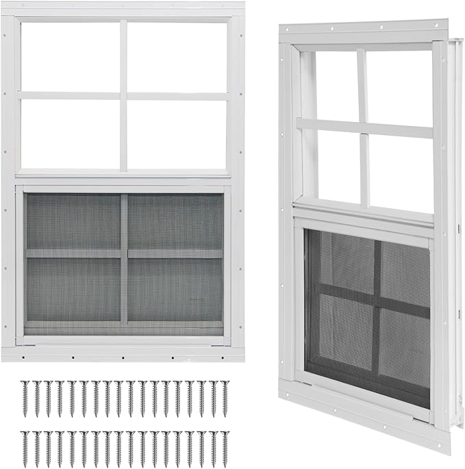 Yuzzy Shed Windows 2 Pack, Chicken Coop Windows 30" x 36" with Tempered Glass and Fiberglass Screen, Flush Mounted Small Window for Shed, Barns, Playhouse, Household, Garage (White)