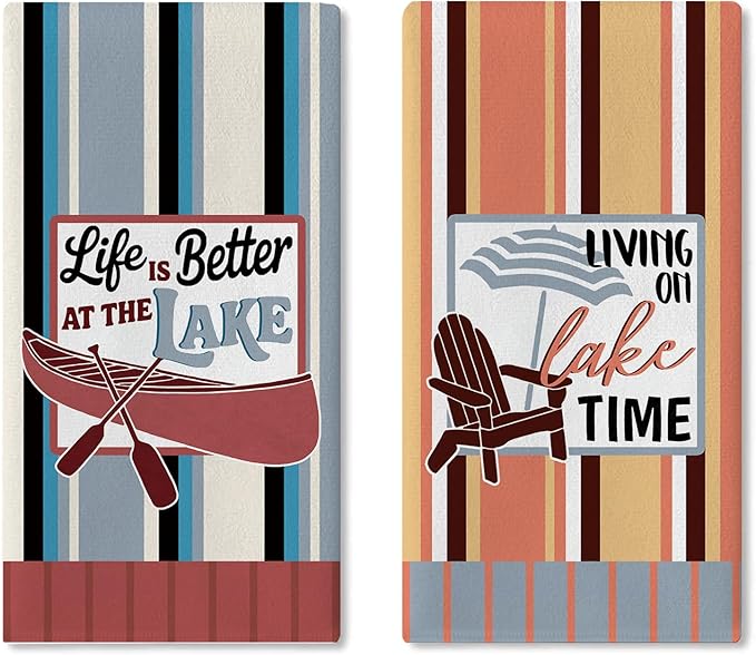 Life is Better at The Lake Kitchen Dish Towels Set of 2, Lakehouse Boat Chair Cabin Drying Hand Towel Baking Cooking Cloth, Farmhouse Stripes Bathroom Home Decoration 18'' x 26''