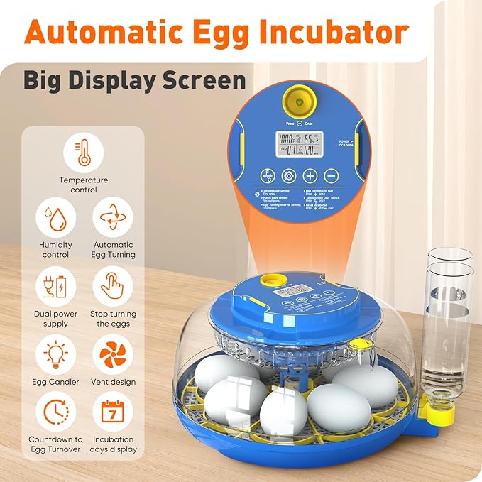 MYPIN 18 Chicken Eggs Incubator with Temperature Control, Humidity Display, Auto Egg Turning, Auto Water Filling, 2 Size Egg Trays, Chick Incubaotrs for Hatching Eggs Digital Incubator for Chicken