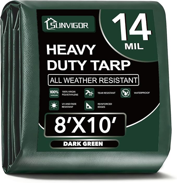 Sunvigor Tarp Waterproof 8x10Ft, Extra Thick 14 Mil Heavy Duty Tarp Cover, Tear & Fade Resistant, Outdoor Tarps with Brass Grommets and Reinforced Edges for Roof, Camping, Patio, Boat (Green)