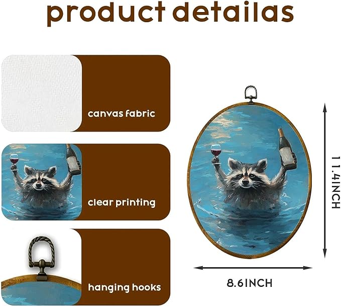 zewepri Raccoon Wall Art, Wine Lover Gift – 8.6×11.4 Inches High-Density Canvas with Pre-Installed Hook for Easy Hanging, Ideal for Bedroom, Living Room, Study, or Gift for Art Lovers